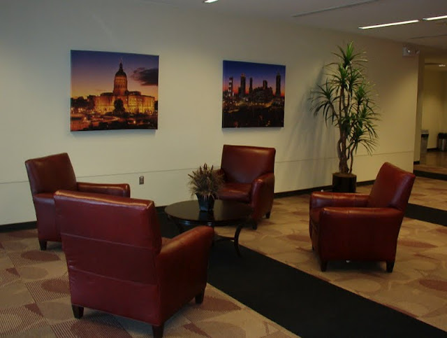 Corporate waiting lobby - furniture, canvas artwork, silk trees and arrangements