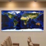 Specialty corp. art - world map printed on 4 'x 8' glass with decorative standoffs